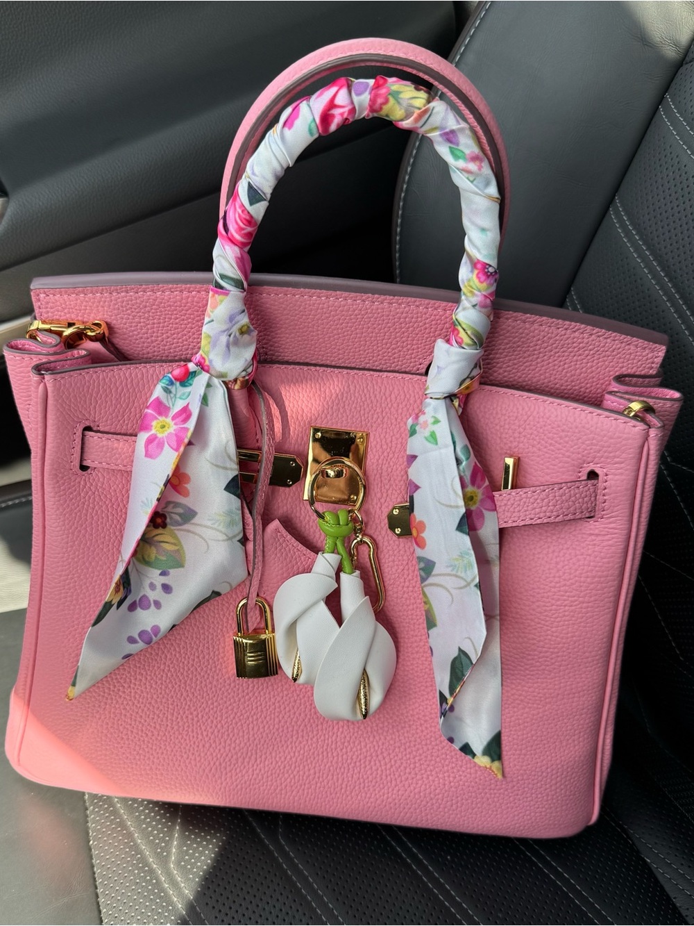 Structured Pink Satchel with Floral-Print Handle Wraps